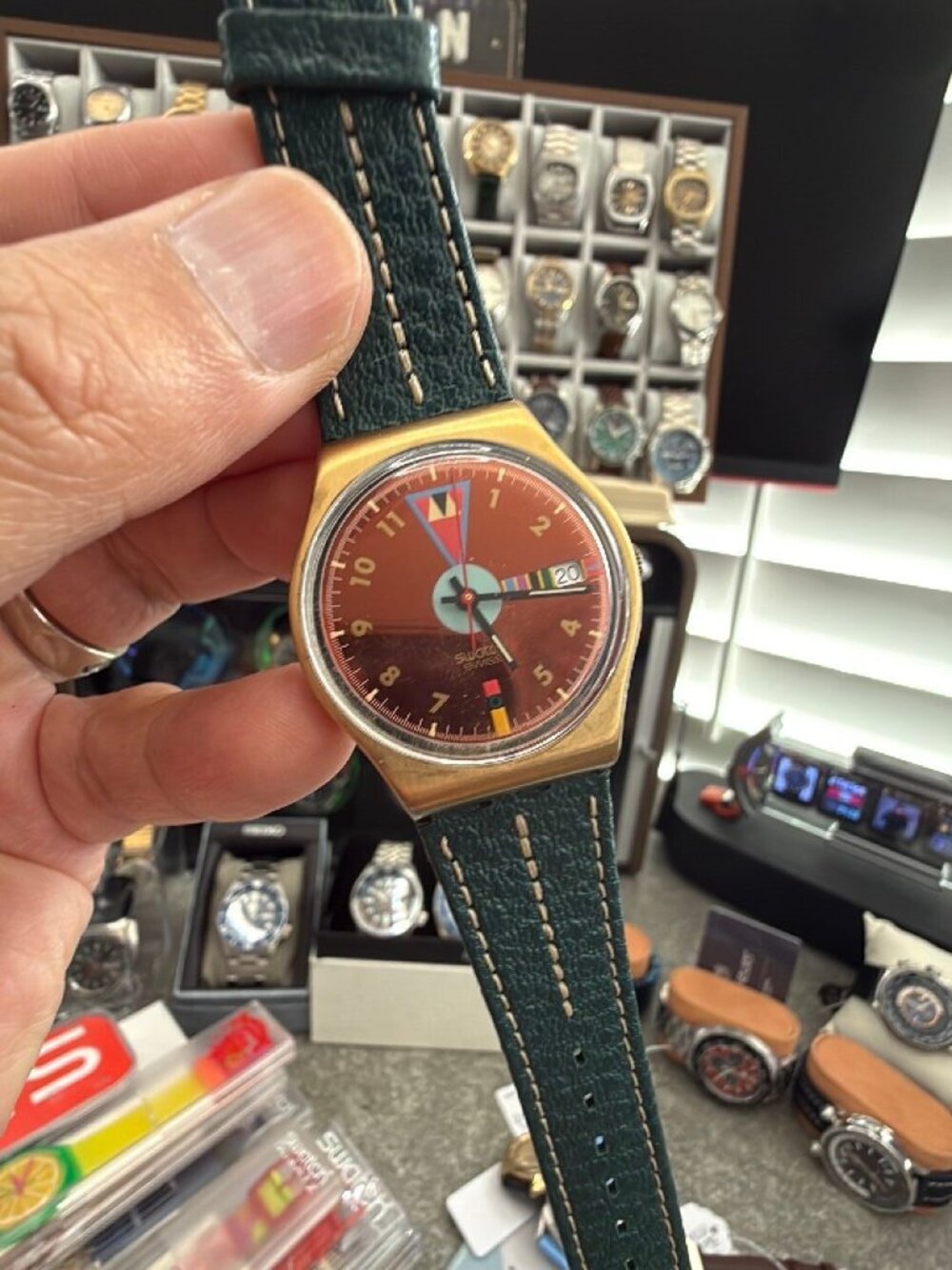 Swatch Gent Boca Verde GX402 NOS 1989 Green Leather Strap Vintage 34mm
